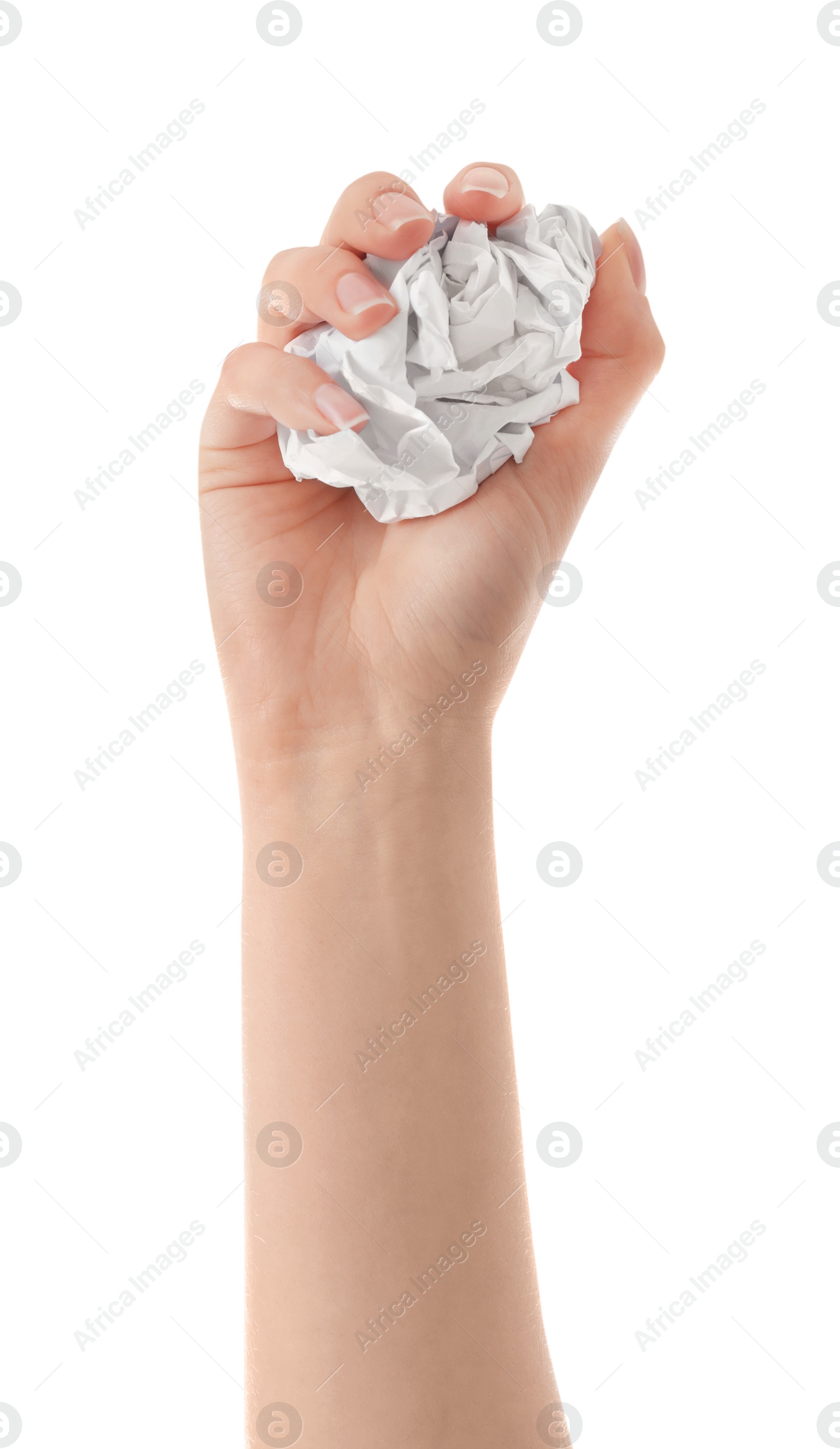 Photo of Woman crumpling paper against white background, closeup. Generating idea