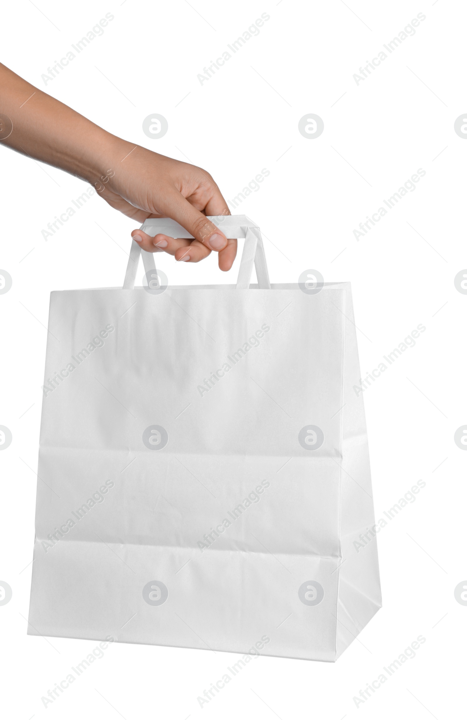 Photo of Woman with paper bag on white background, closeup