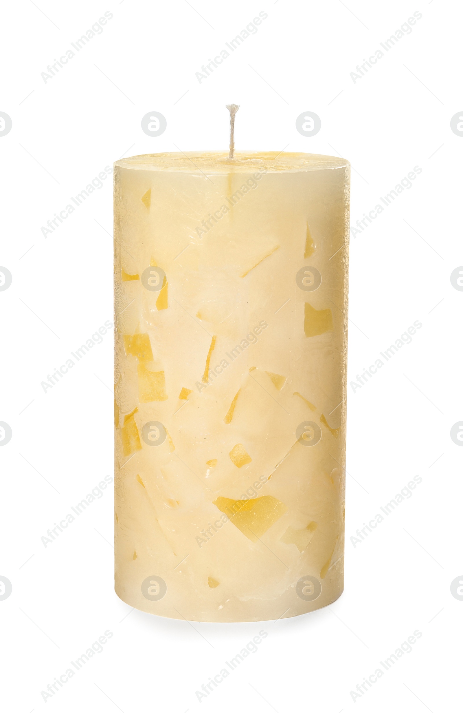 Photo of Scented color wax candle on white background