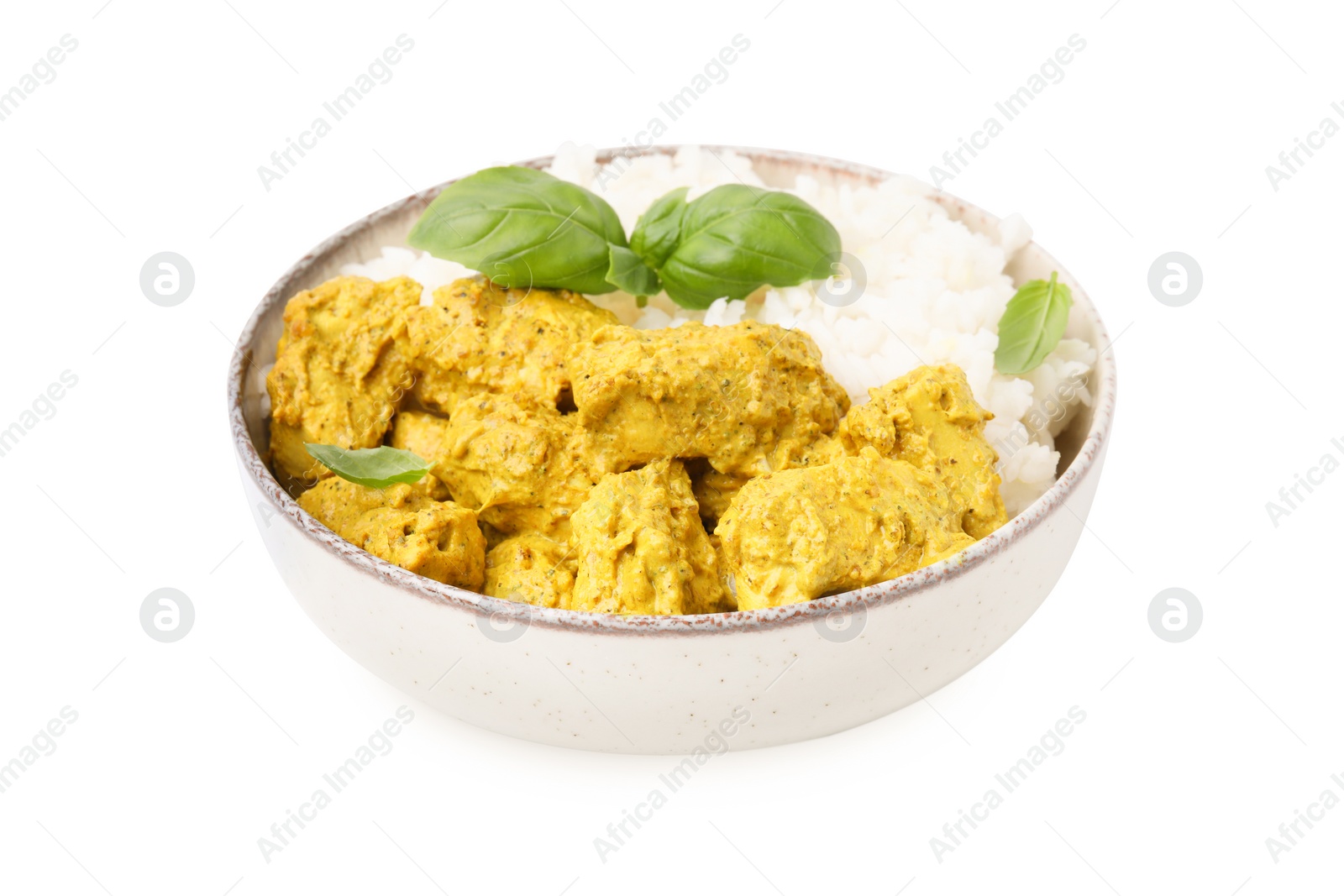 Photo of Delicious rice and chicken with curry sauce isolated on white