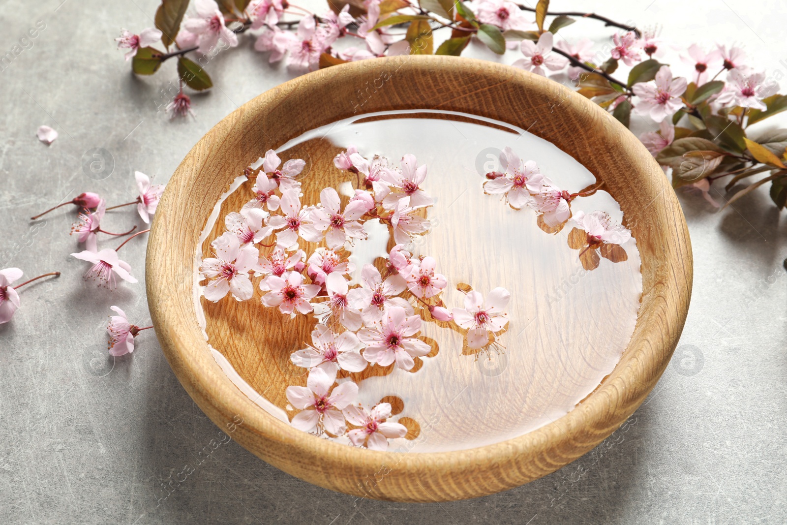 Photo of Bowl with water and blossoming flowers on grey background