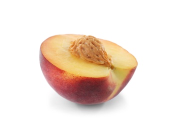 Photo of Half of sweet juicy peach on white background