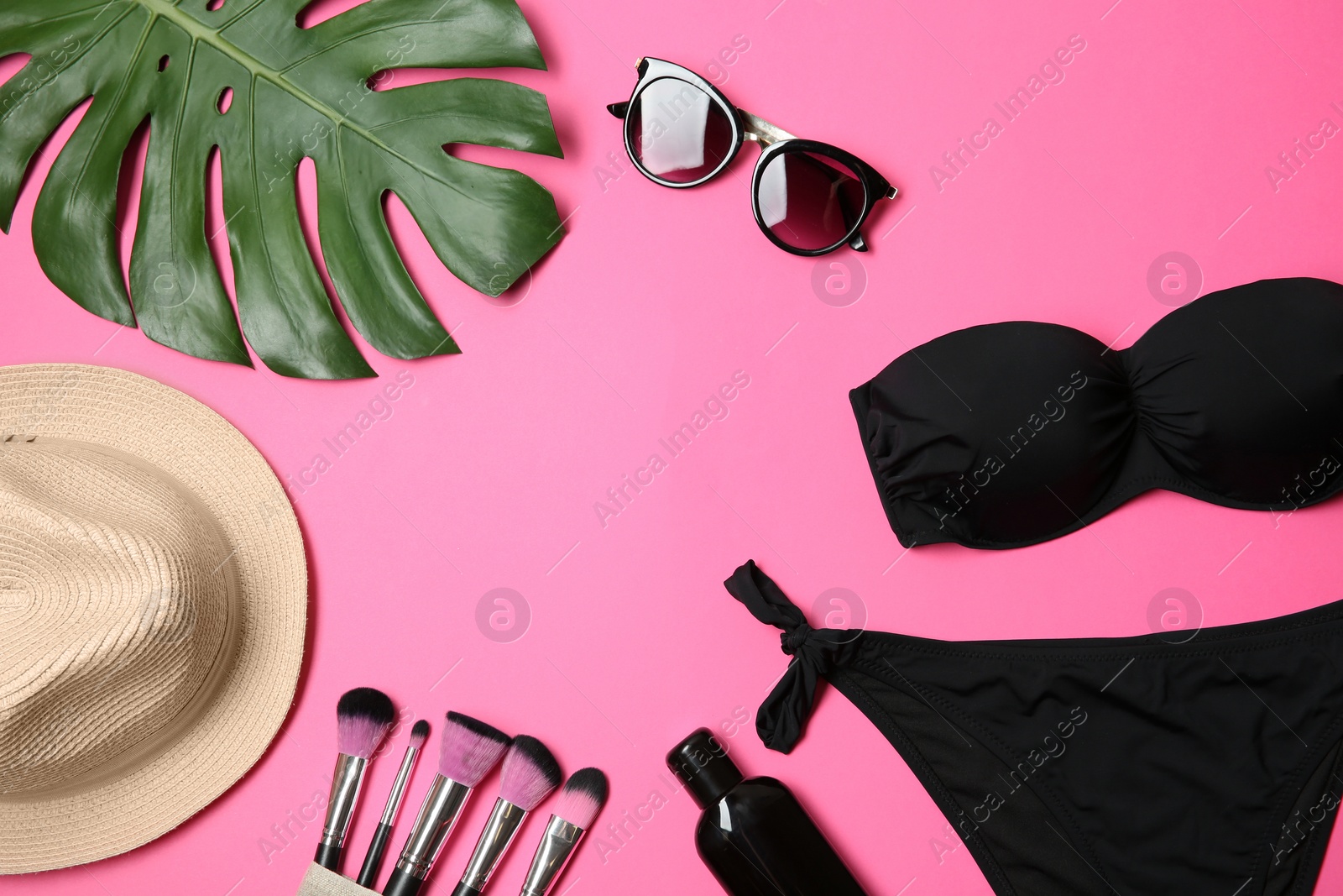 Photo of Flat lay composition with stylish bikini on color background. Space for text