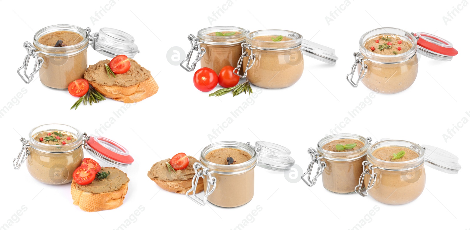 Image of Glass jars with delicious liver pate on white background, collage. Banner design