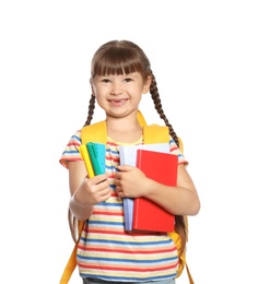 Cute girl with school stationery on white background