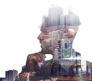 Image of Double exposure of male industrial engineer and night cityscape