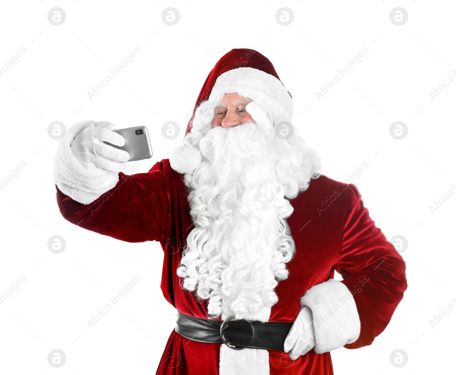 Photo of Authentic Santa Claus taking selfie on white background