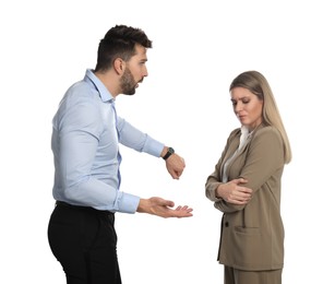 Photo of Businessman scolding employee for being late against white background