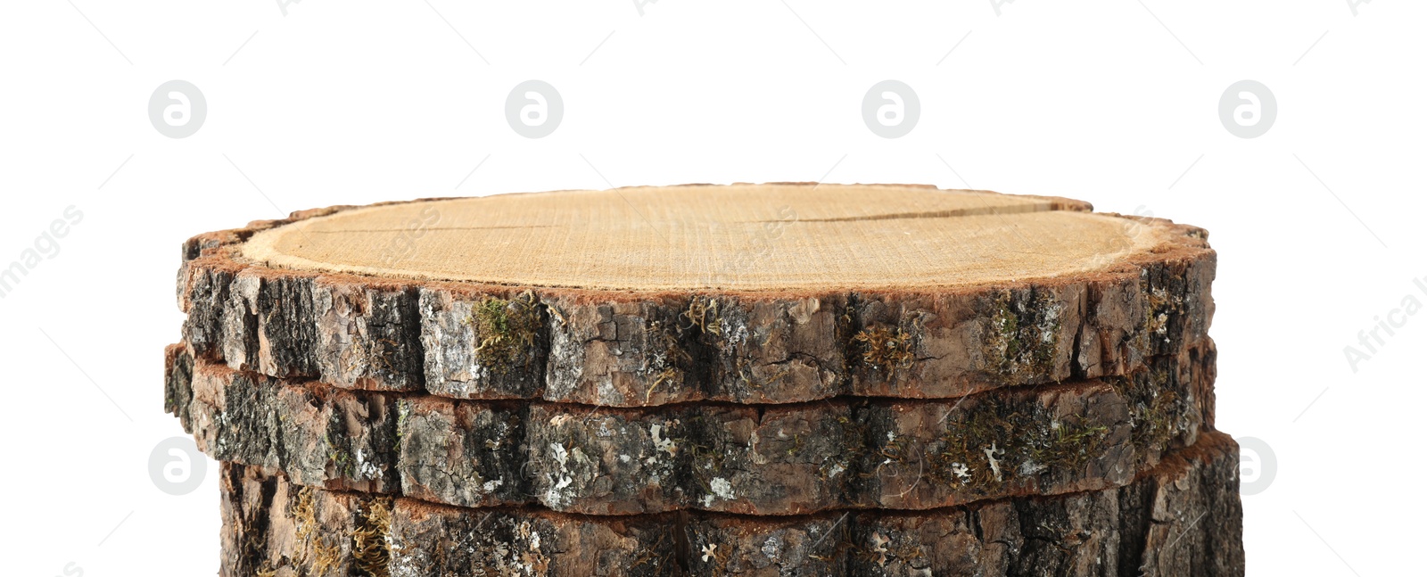 Photo of Presentation of product. Stack of wooden stamps isolated on white