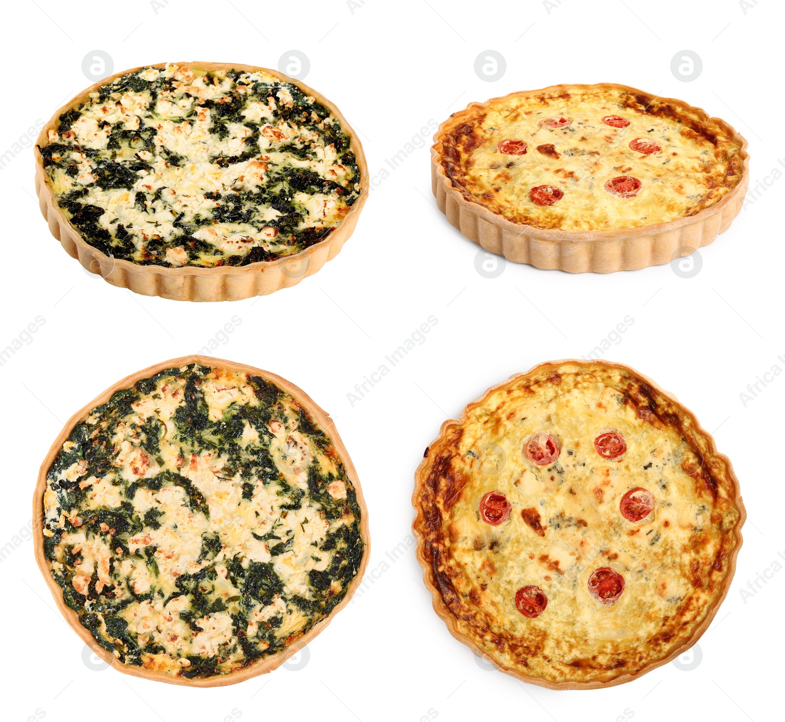 Image of Different tasty quiches isolated on white, collage with side and top views