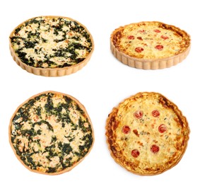 Image of Different tasty quiches isolated on white, collage with side and top views