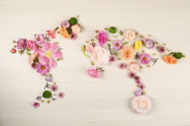 World map made of different beautiful flowers on light wooden table, flat lay