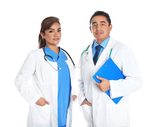 Portrait of Hispanic doctors isolated on white. Medical staff