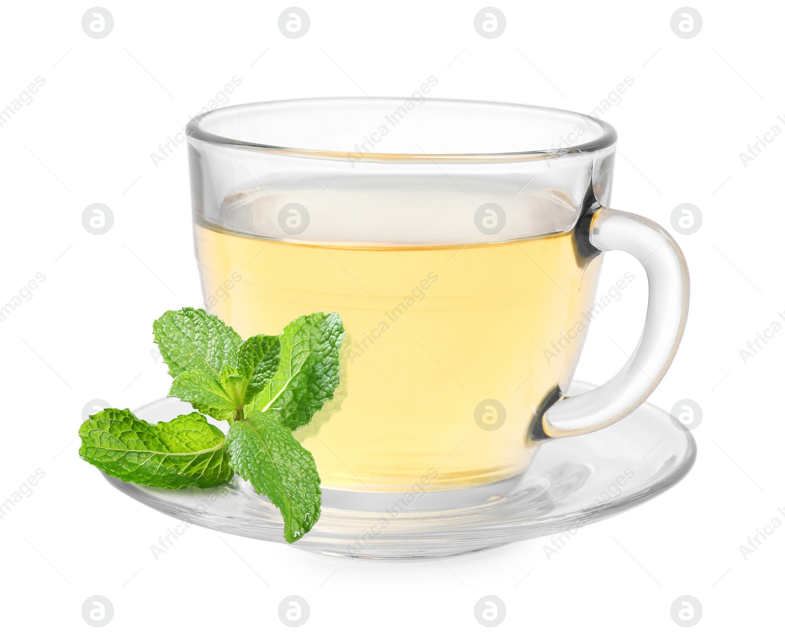 Image of Green tea in glass cup and green leaves isolated on white