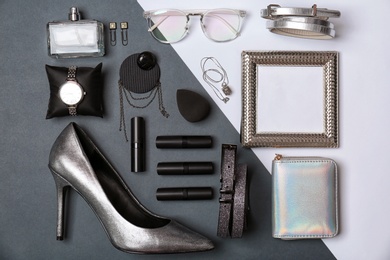 Photo of Set of accessories, cosmetics and shoe on color background, flat lay