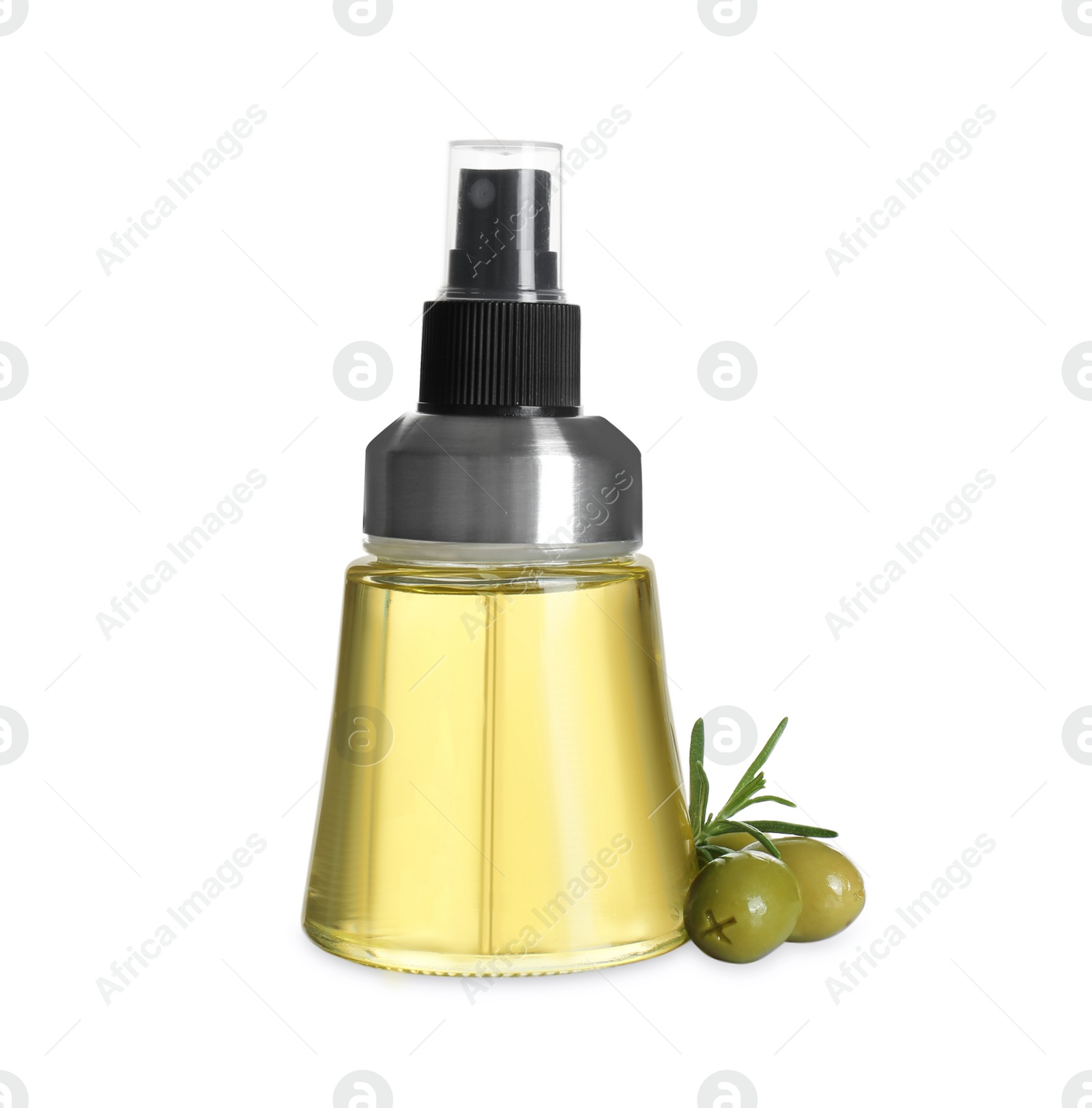 Photo of Spray bottle with cooking oil and olives on white background