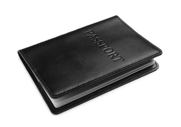 Photo of Passport in black leather case isolated on white