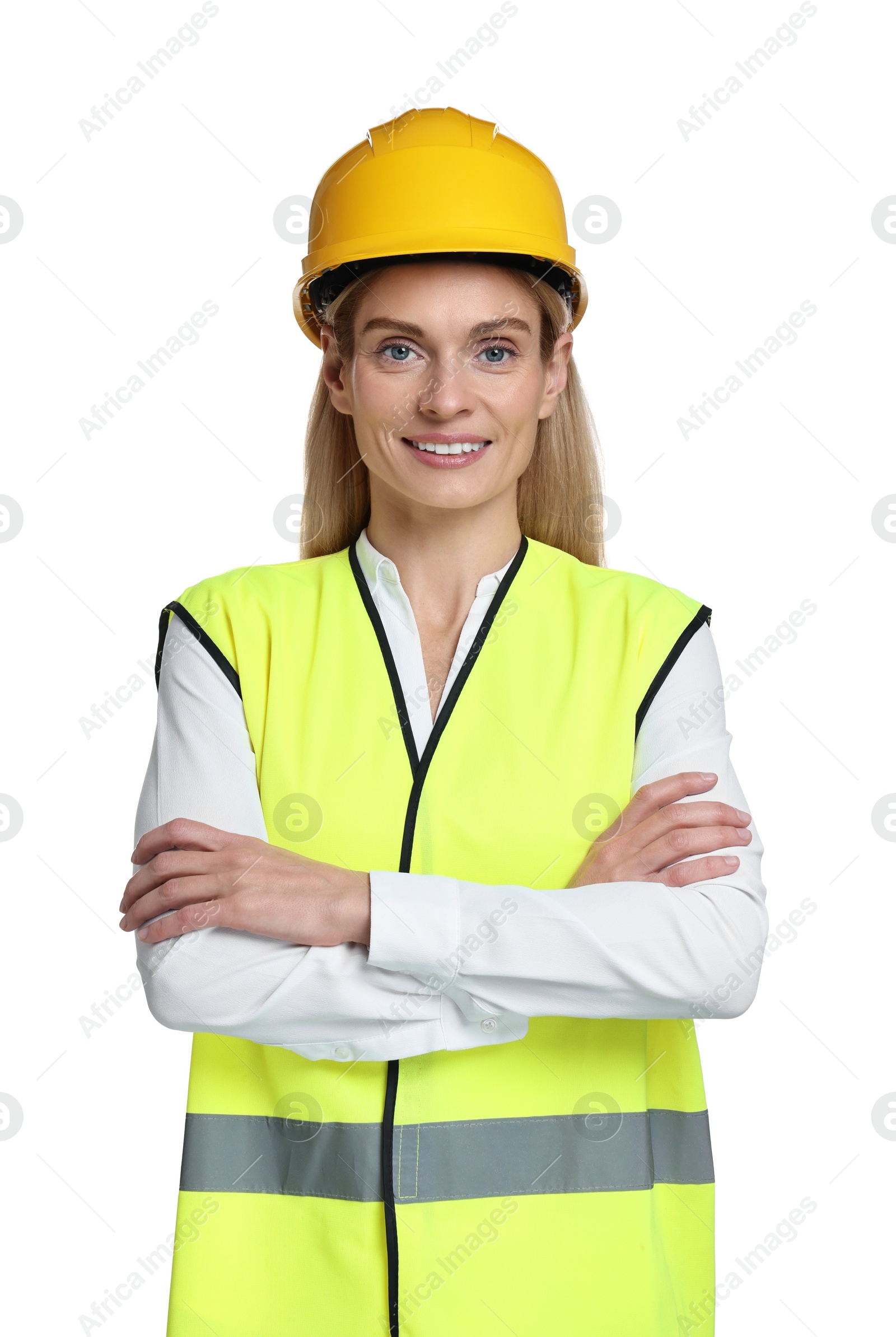 Photo of Engineer in hard hat on white background