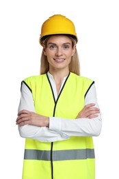 Photo of Engineer in hard hat on white background