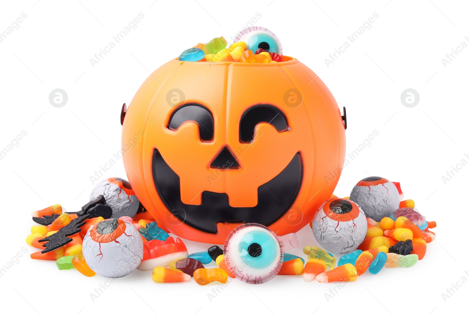 Photo of Halloween trick or treat bucket with different sweets on white background