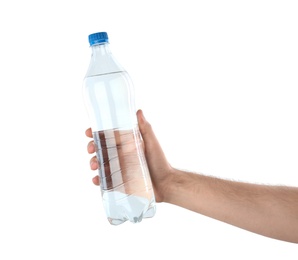 Photo of Man holding plastic bottle with water on white background