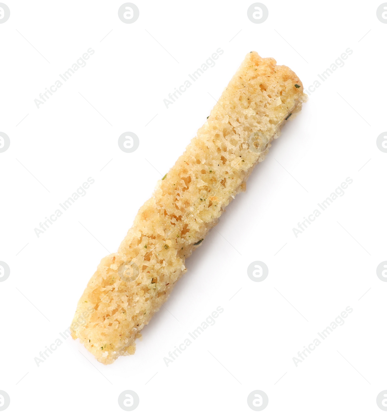 Photo of Crispy rusk with seasoning isolated on white, top view