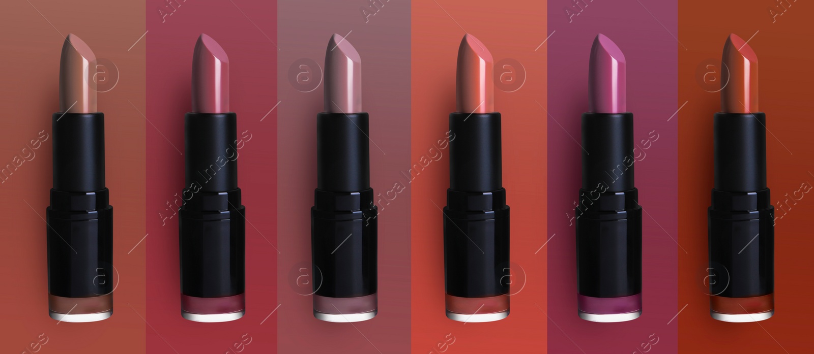 Image of Set with beautiful lipsticks on different color backgrounds. Banner design