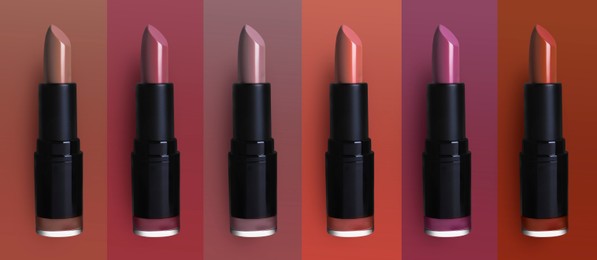 Image of Set with beautiful lipsticks on different color backgrounds. Banner design