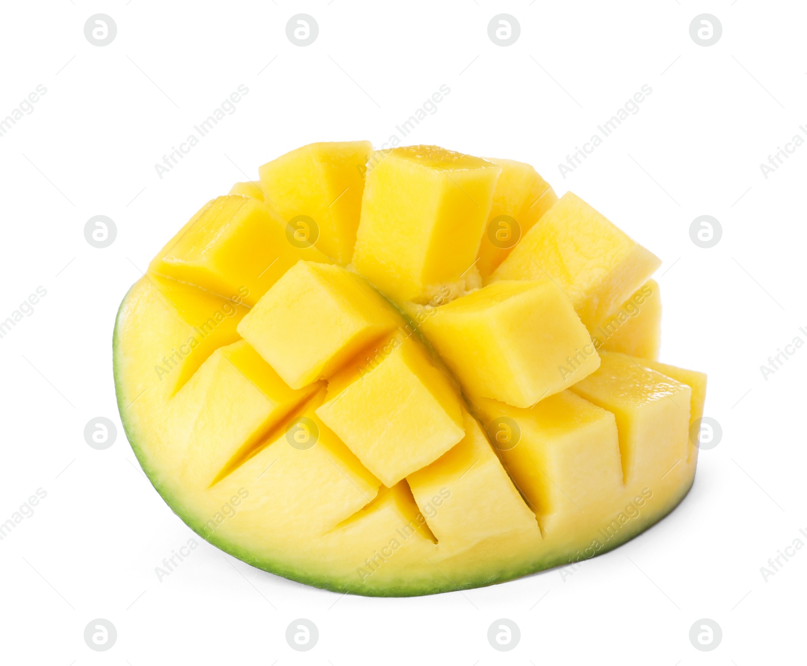 Photo of Half of ripe mango cut into cubes isolated on white