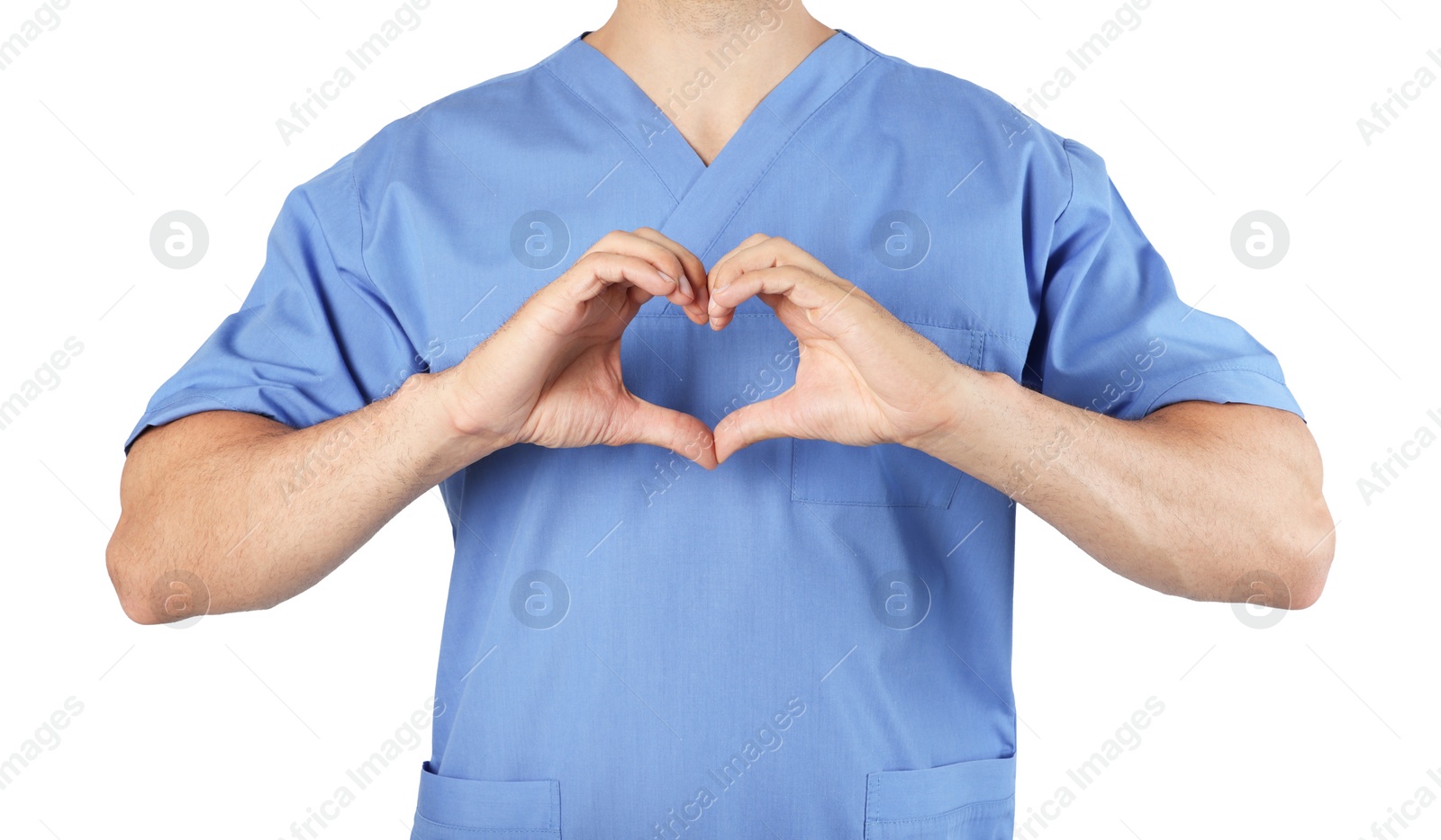 Photo of Doctor making heart with hands on white background, closeup