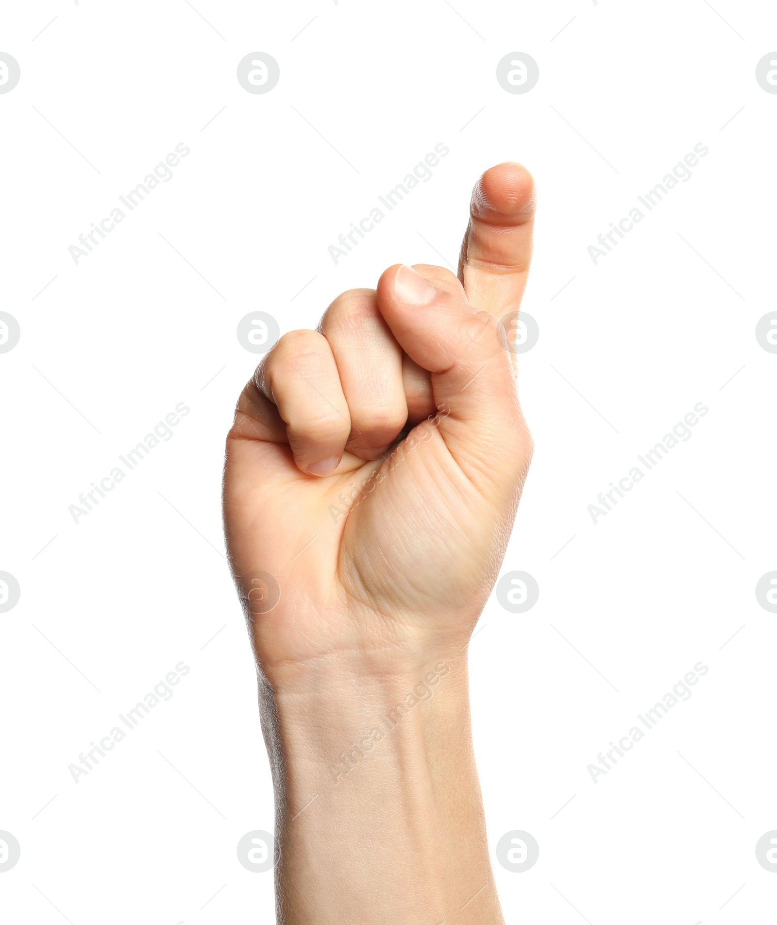 Photo of Man showing X letter on white background, closeup. Sign language