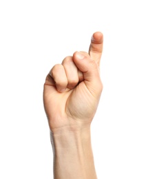 Photo of Man showing X letter on white background, closeup. Sign language