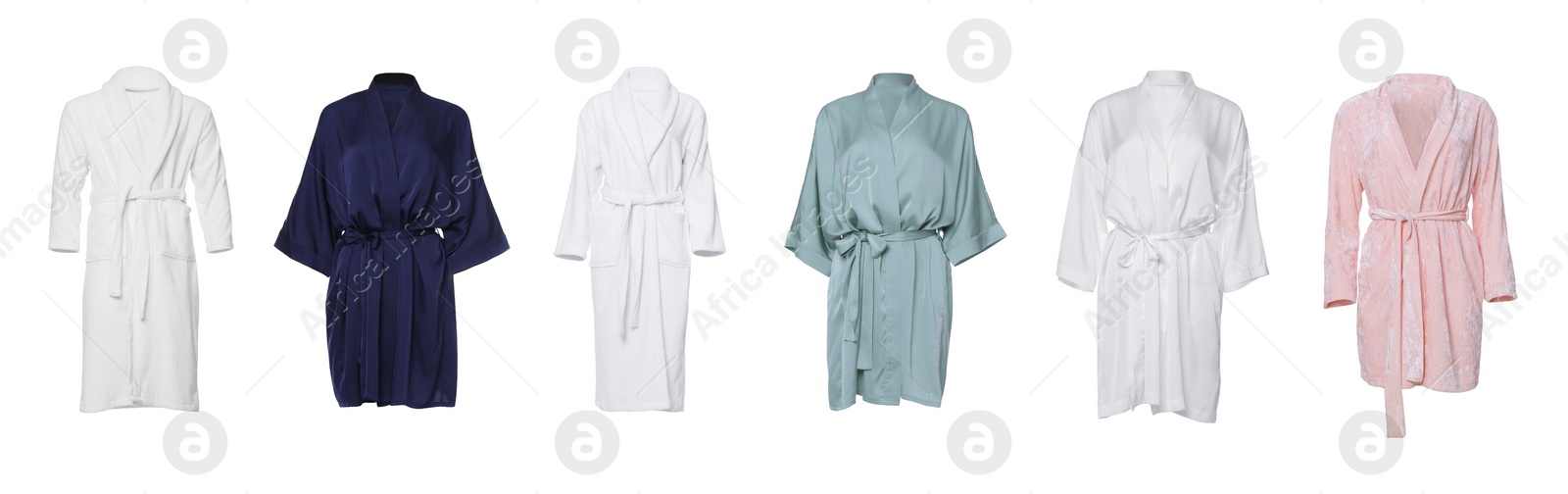 Image of Set of different bathrobes on white background