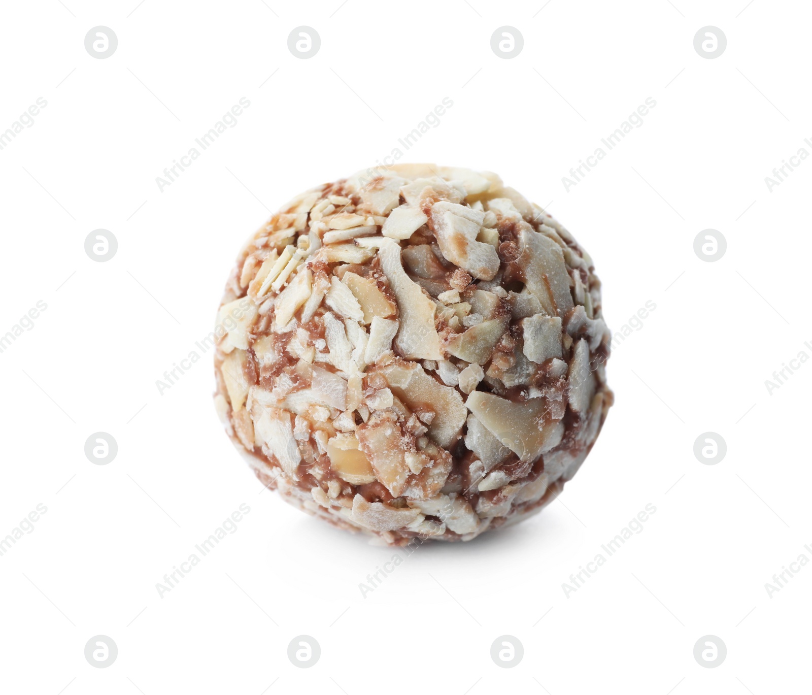 Photo of Delicious chocolate candy with almond flakes isolated on white