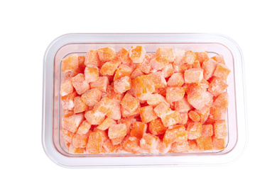 Photo of Frozen carrots in plastic container isolated on white, top view. Vegetable preservation