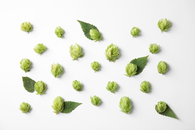 Photo of Fresh green hops on white background, top view. Beer production