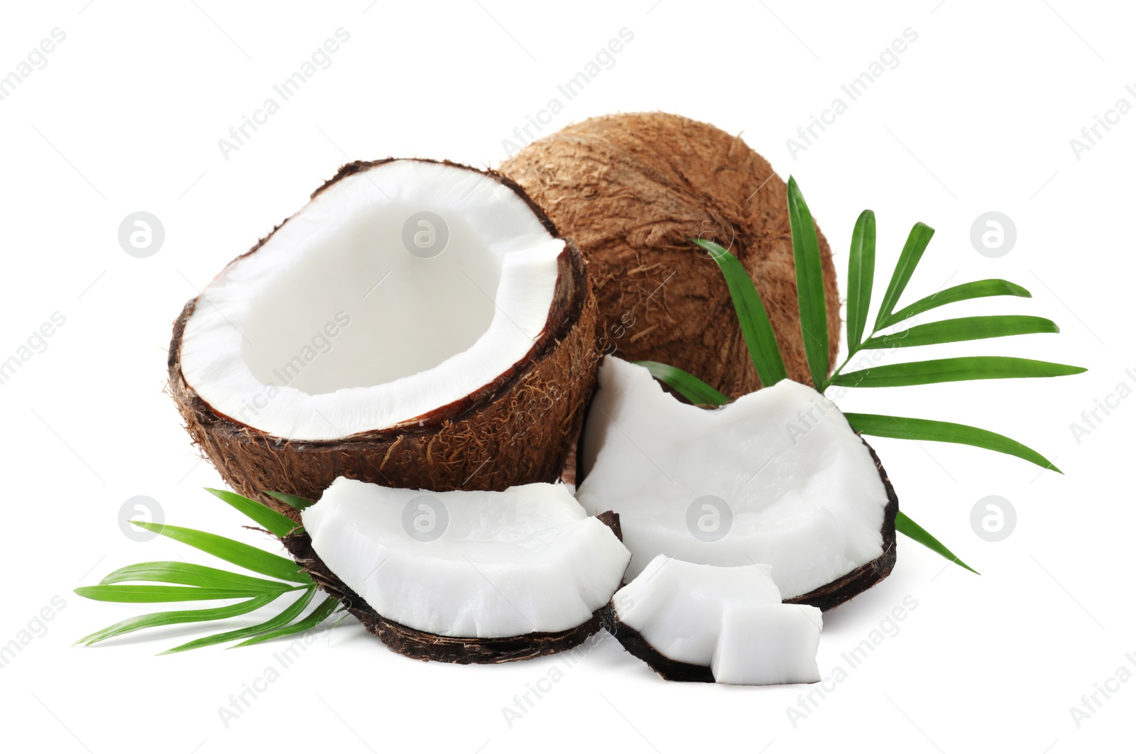 Photo of Fresh ripe coconuts with green leaves on white background