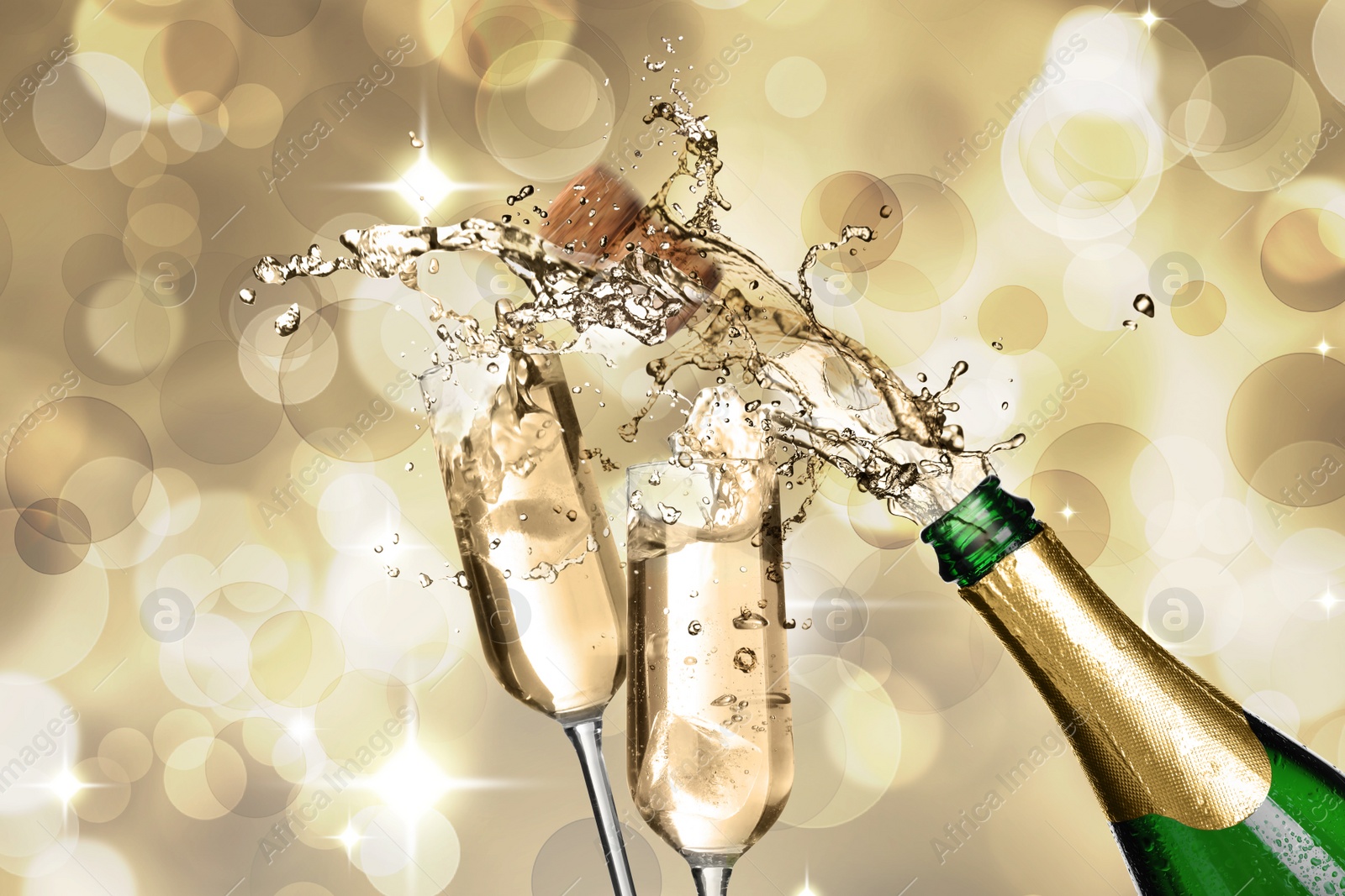 Image of Sparkling wine splashing out of bottle and glasses on color background, bokeh effect