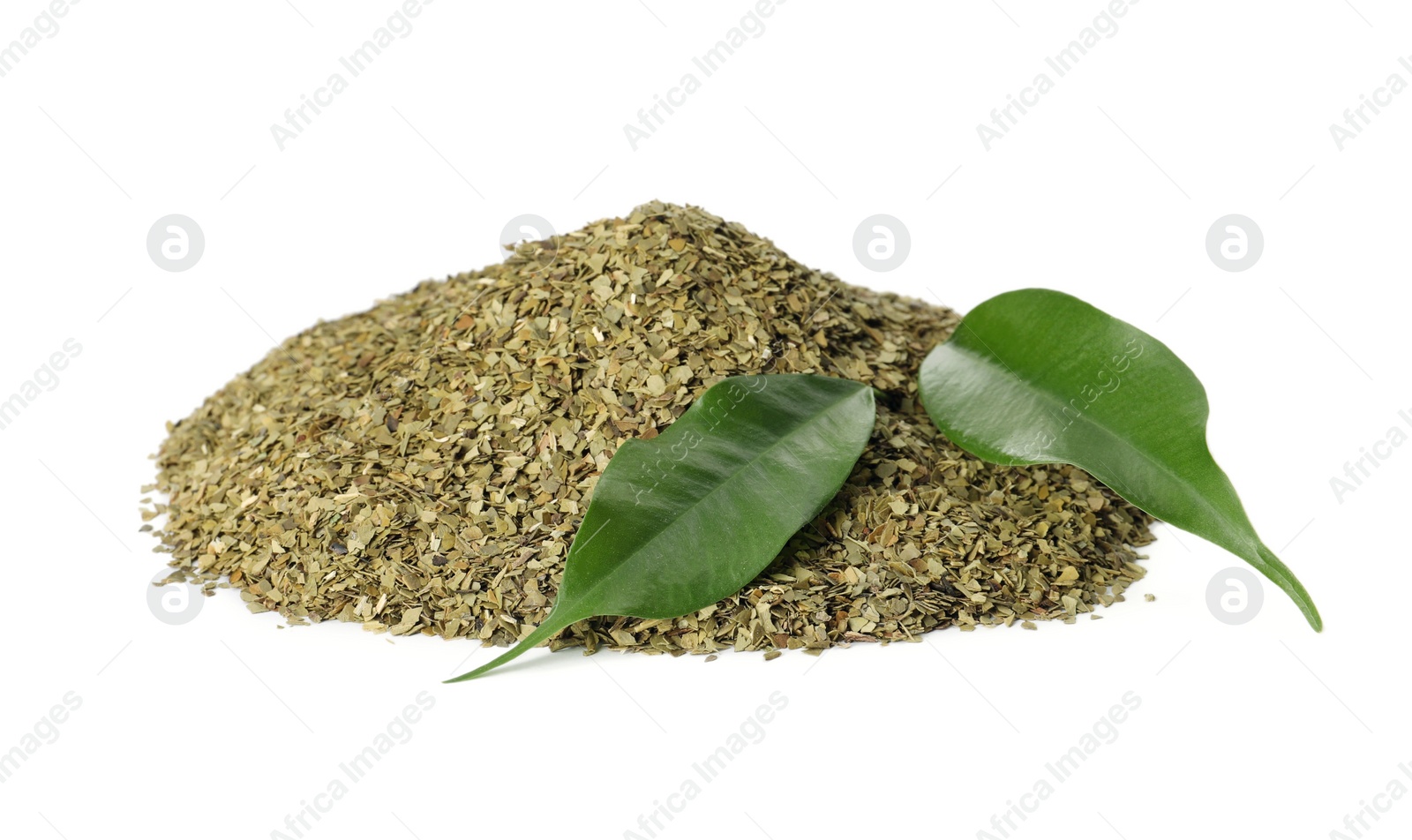 Photo of Pile of aromatic mate tea and fresh leaves on white background