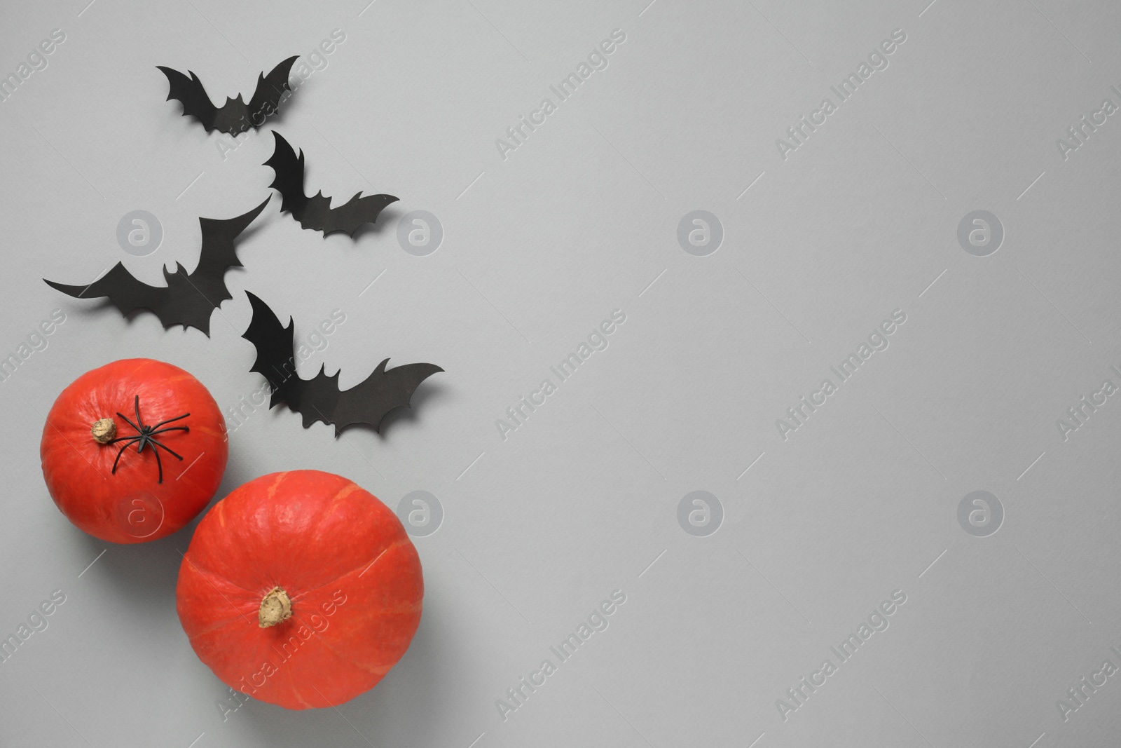 Photo of Flat lay composition with paper bats, spider and pumpkin on light grey background, space for text. Halloween decor
