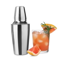 Photo of Metal shaker and delicious cocktail with grapefruit isolated on white