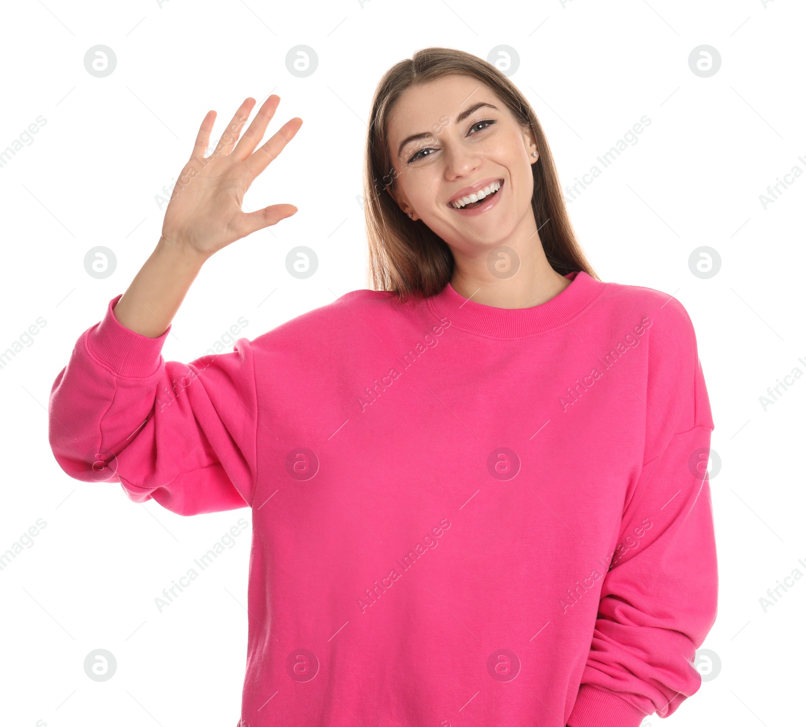 Photo of Woman showing number five with her hand on white background