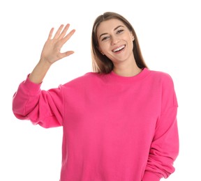 Woman showing number five with her hand on white background