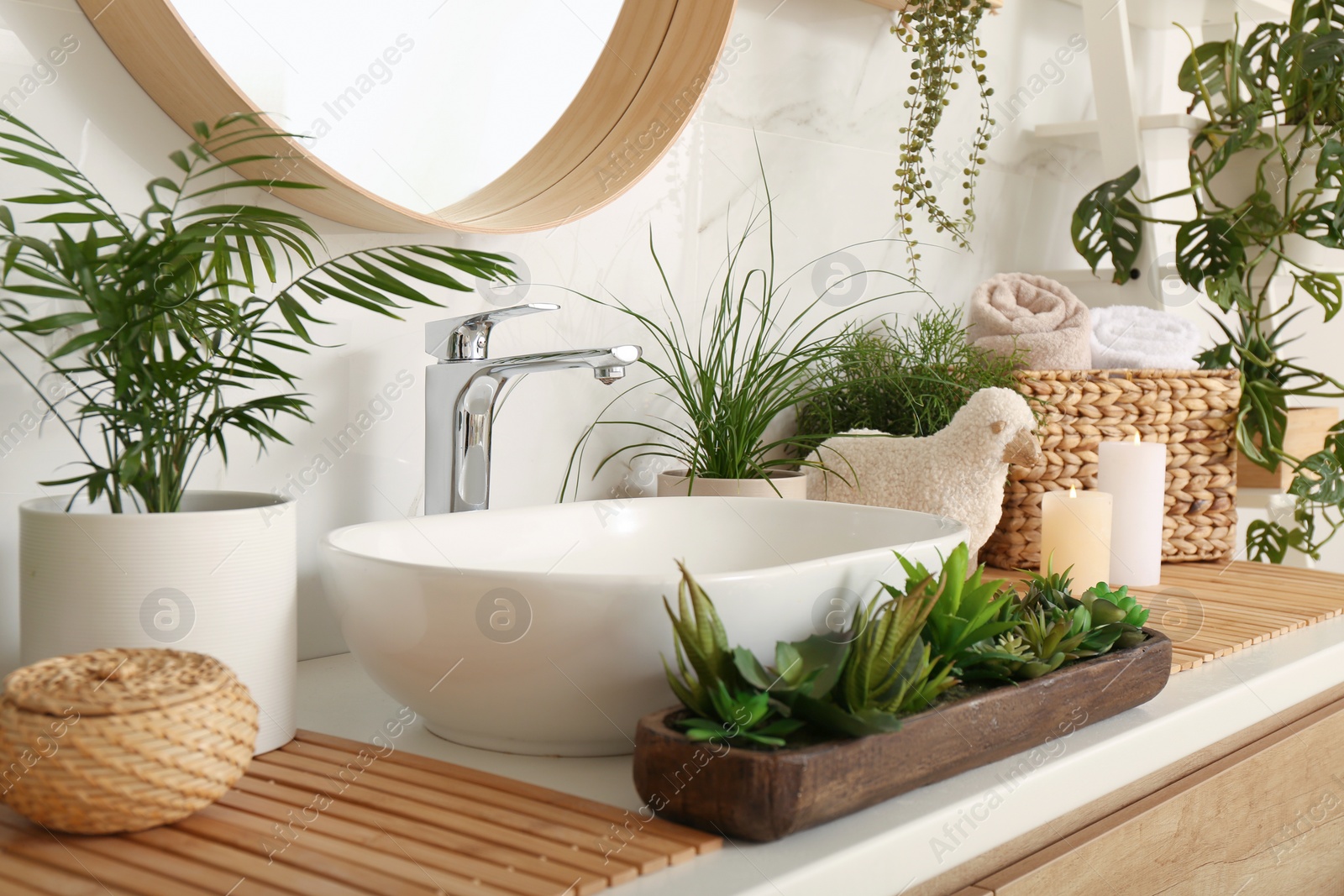 Photo of Counter with sink and many different houseplants near white marble wall