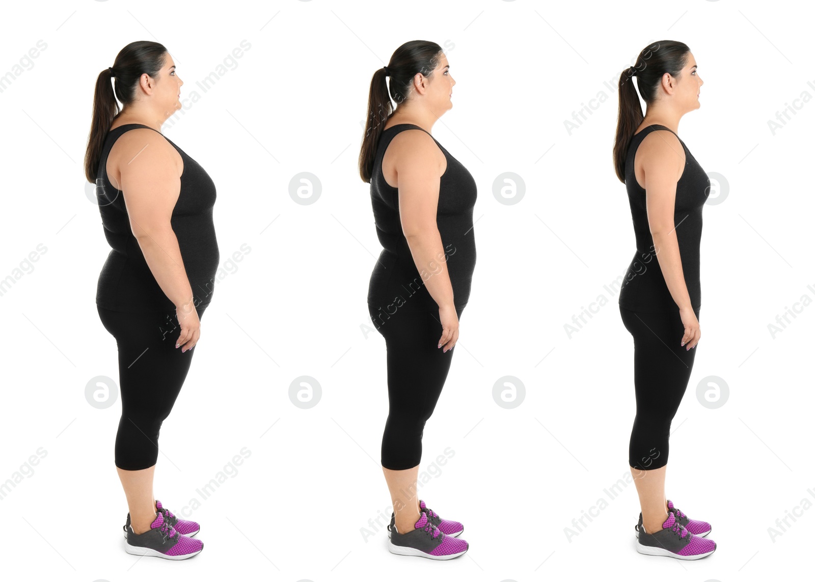 Image of Woman before and after weight loss on white background, collage