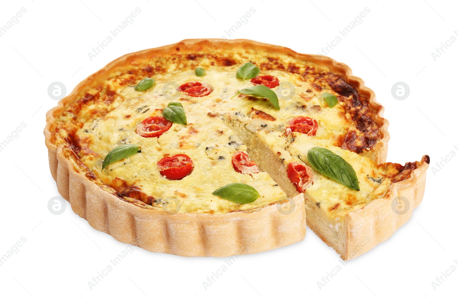 Photo of Delicious homemade cheese quiche isolated on white