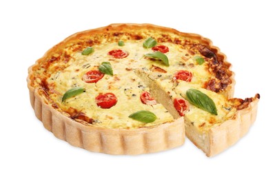 Photo of Delicious homemade cheese quiche isolated on white