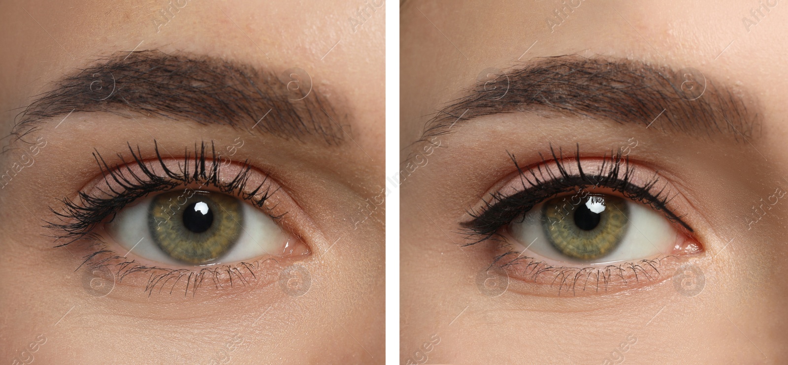 Image of Collage with photos of young woman before and after getting permanent eyeliner makeup, closeup. Banner design