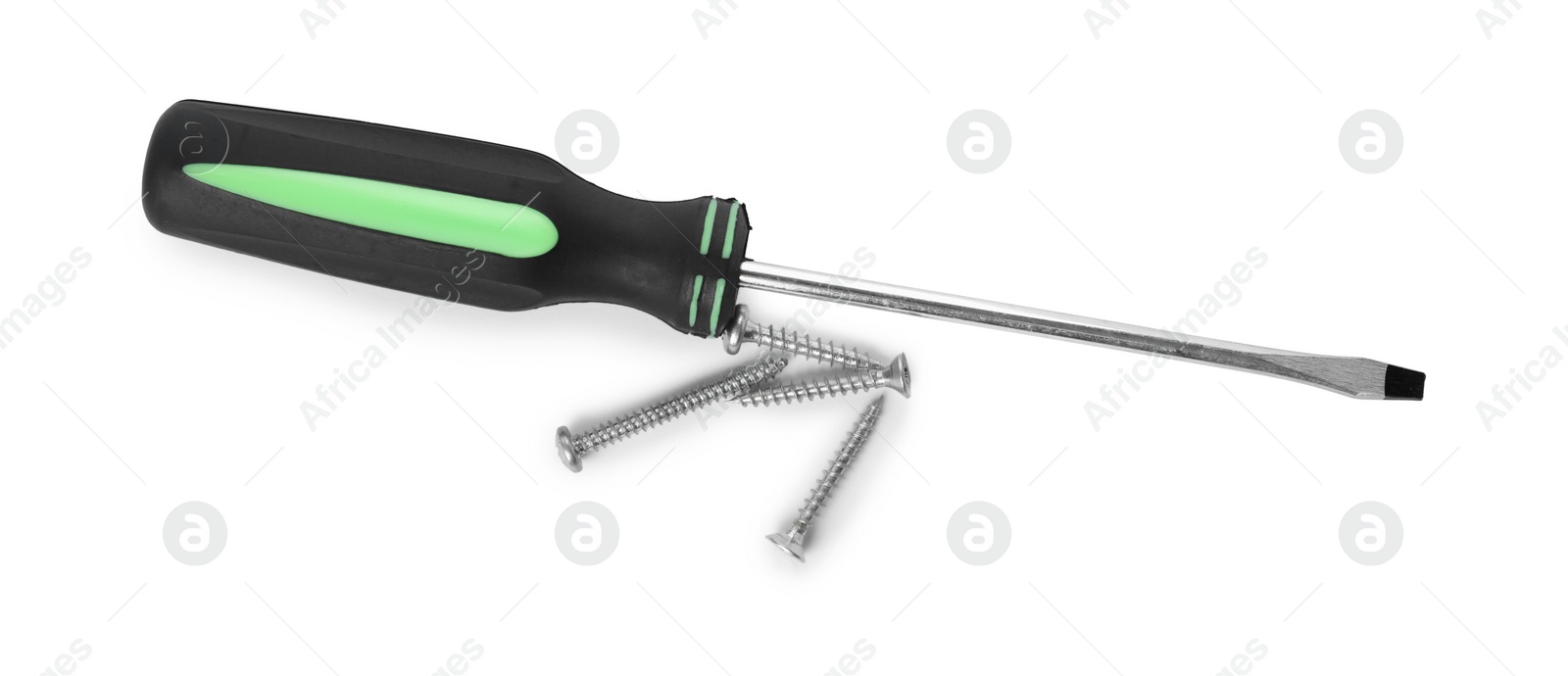 Photo of Screwdriver with black handle and screws isolated on white, top view