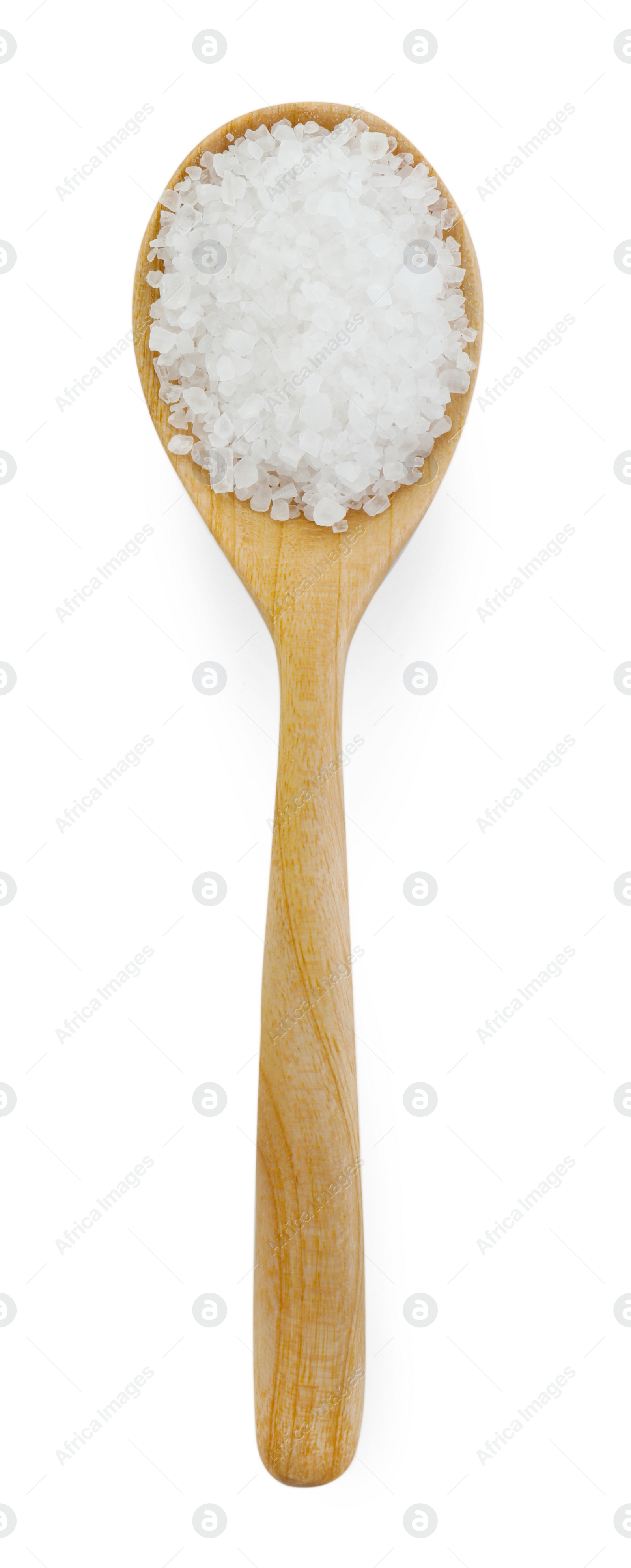 Photo of Natural salt in wooden spoon isolated on white, top view